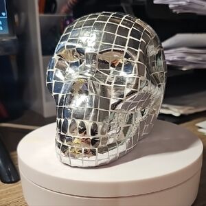 Silver Reflective Skull Sculpture Art